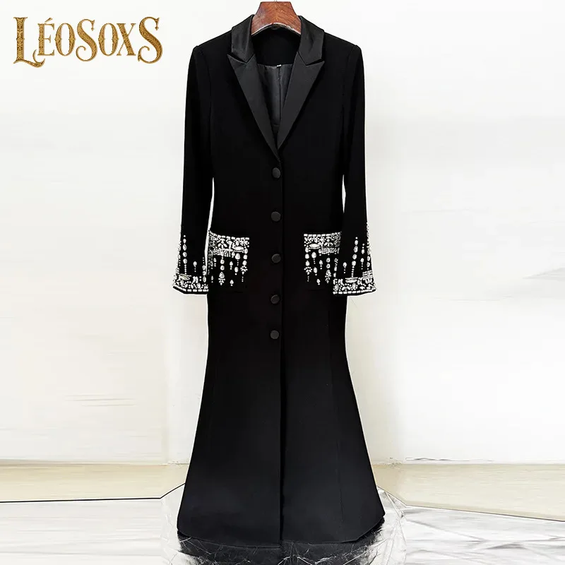 LEOSOXSAutumn New Women's Fashionable Temperament Commuting Long Sleeved Heavy Industry Nail Bead Inlaid Diamond Suit Collar Dre
