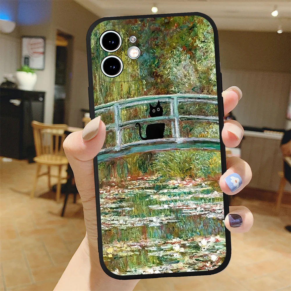 Retro Oil Painting Van-Gogh Black Cat Phone Case for iPhone 15 14 13 12 11 Pro Max Mini 7 8 Plus SE X XS XR Silicone Art Covers