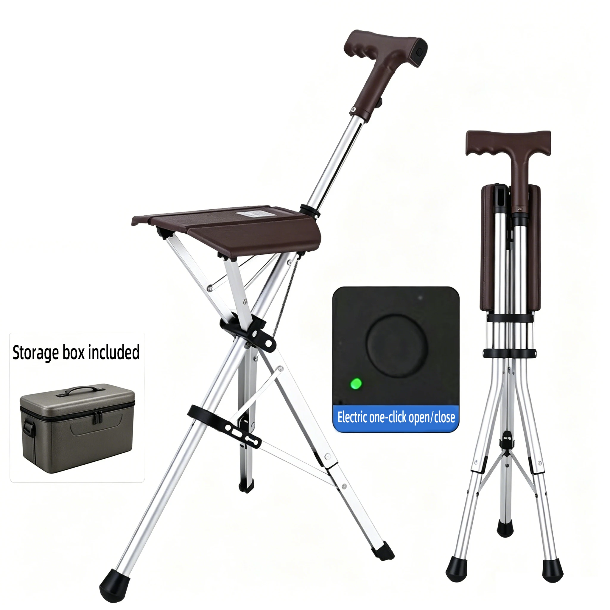 Lightweight Aluminum Folding 3-Legs Electric Cane, Elderly Walking Stick with Seat Stool