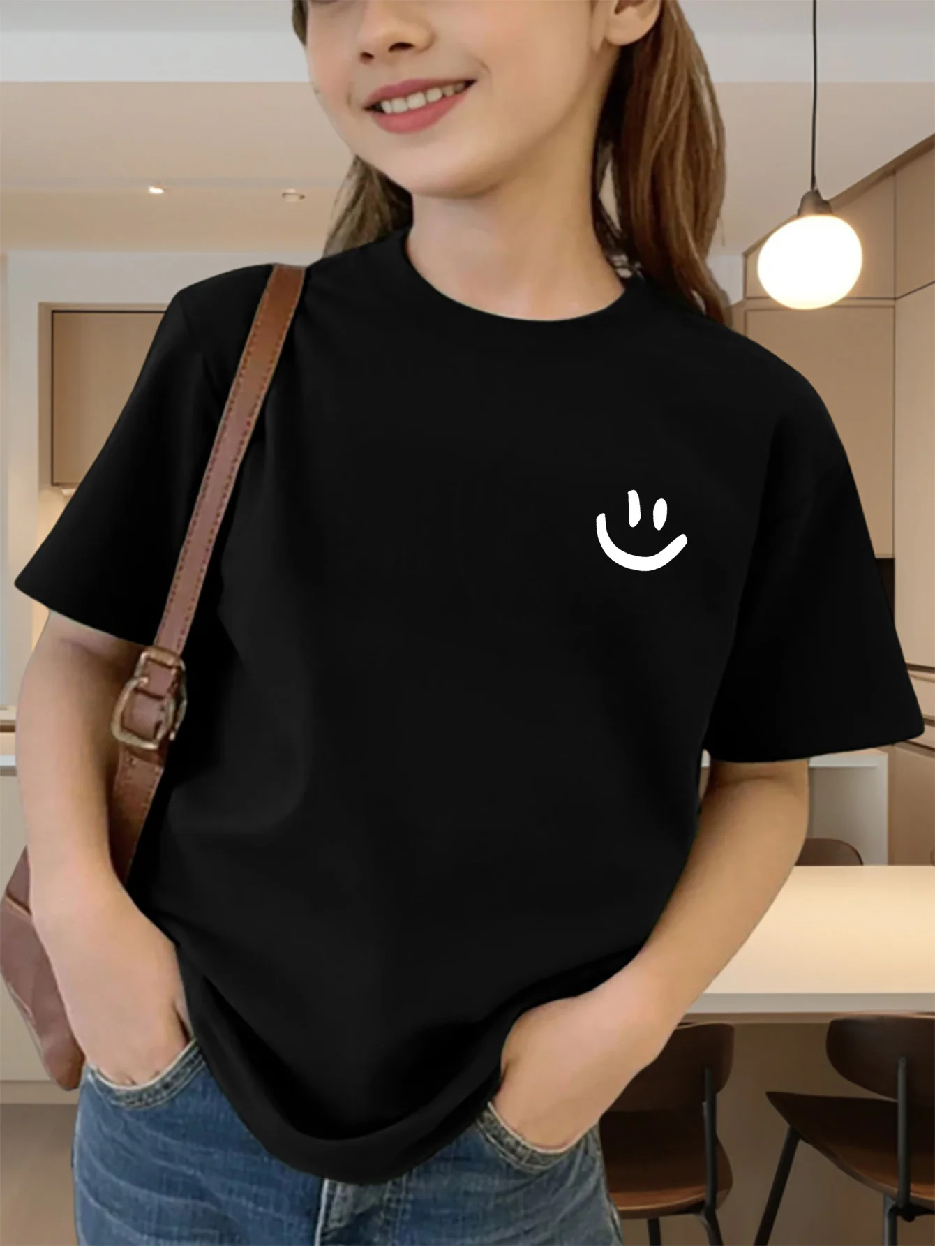Cute Minimalist Pocket Smiley Face Graphic Kids Tee Boys Girls Family Matching Cotton Crew Neck Short Sleeve Soft Summer Tee