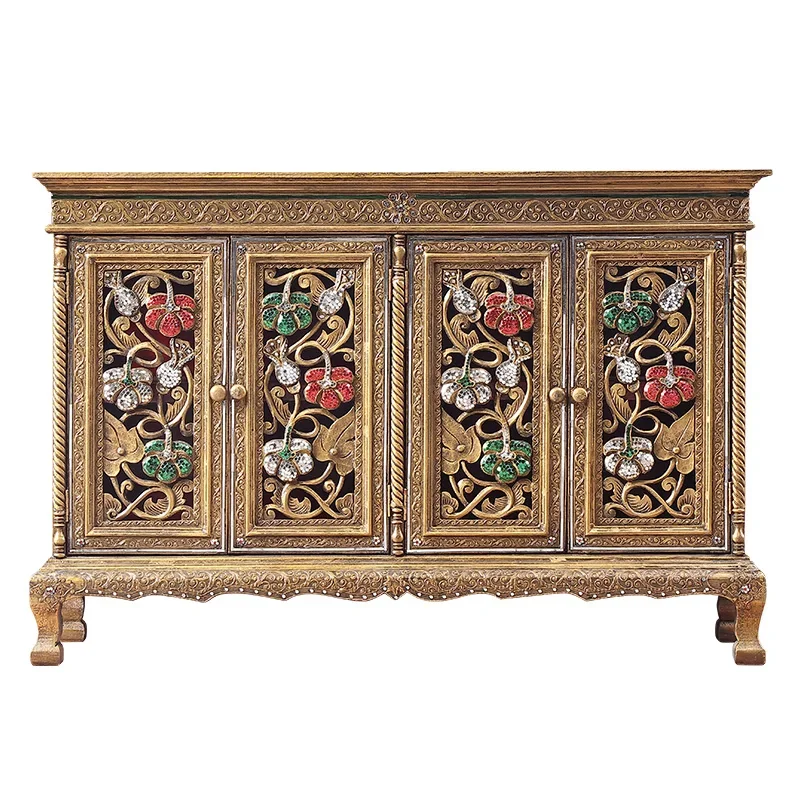Thai Lanna style solid wood engraved entrance cabinet