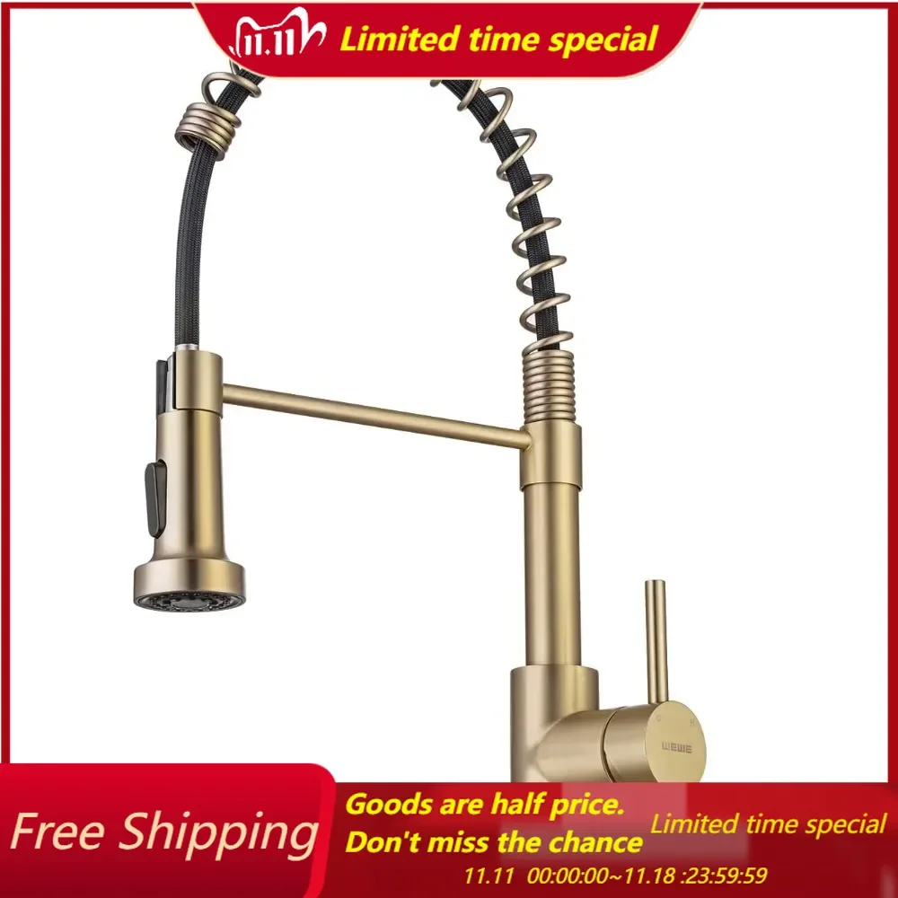 

Brushed Gold Kitchen Faucet with Pull Down Sprayer,Brass Kitchen Faucet Stainless Steel Single Handle Spring Faucet