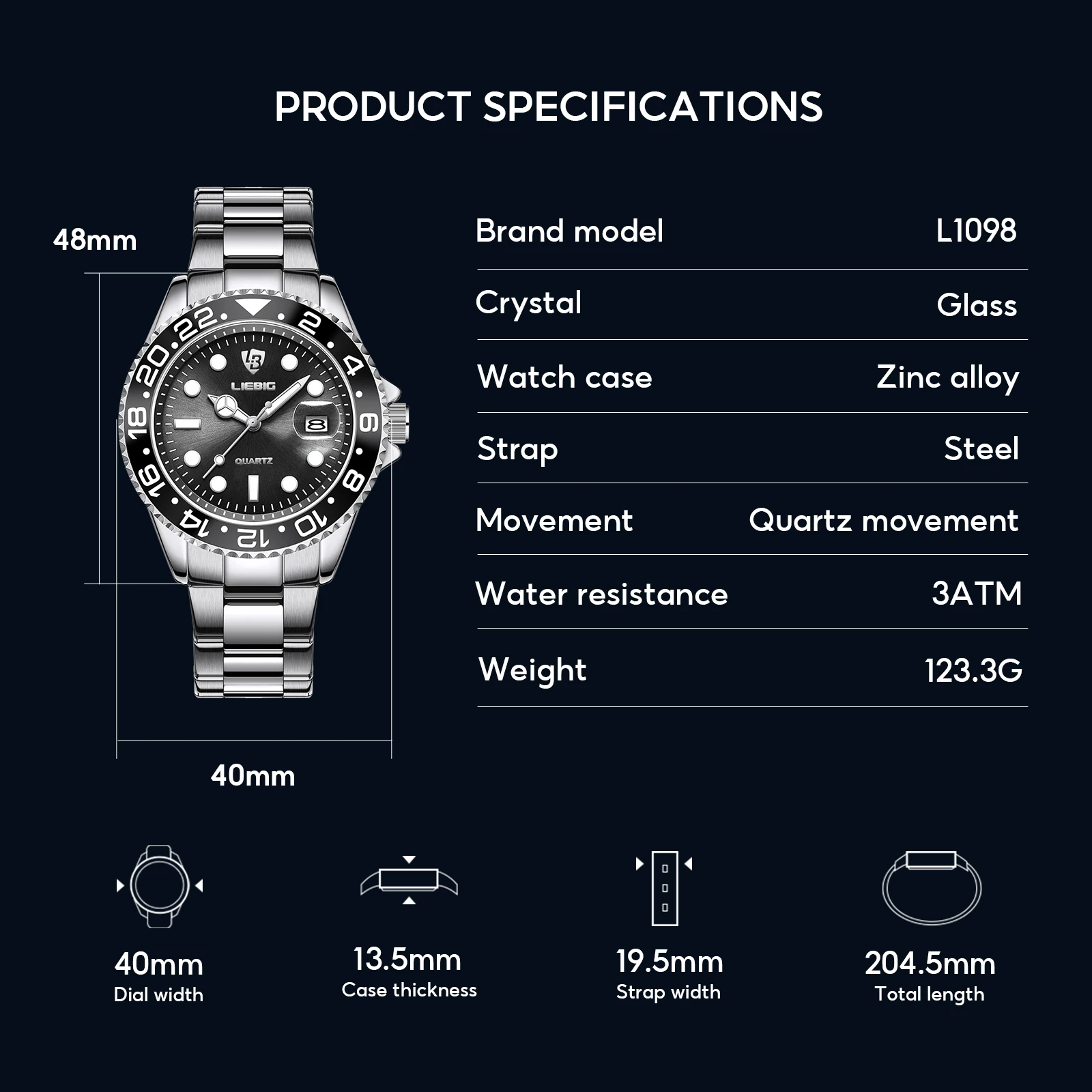 LIEBIG, reloj de pulsera clásico de negocios con movimiento de cuarzo luminoso, reloj de pulsera de moda con correa de acero inoxidable resistente al agua de lujo para hombres y mujeres