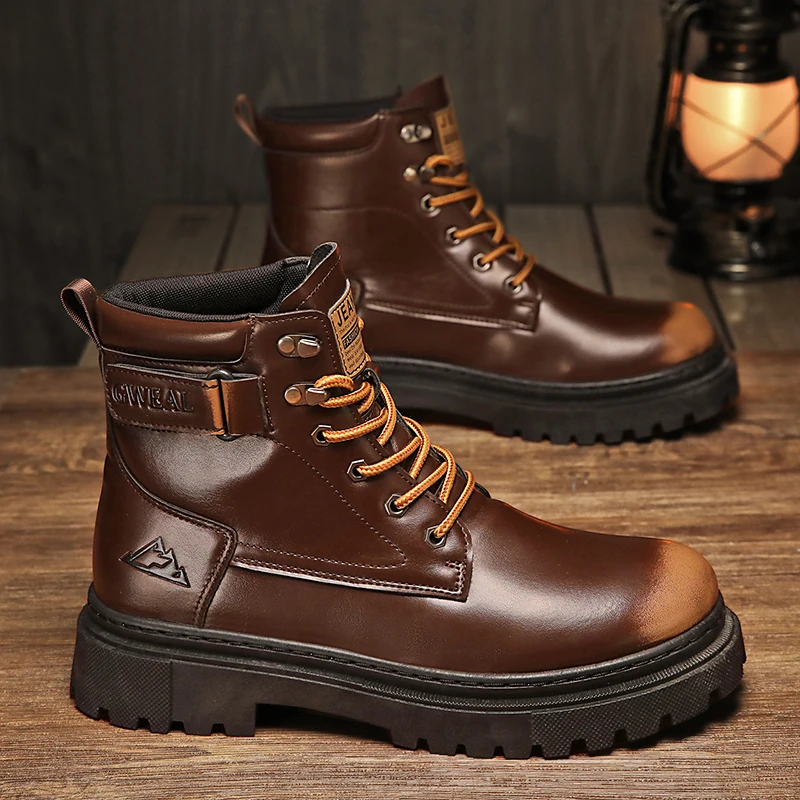 

Популярные мужские кожаные ботинки. Уличная повседневная обувь. Модные универсальные рабочие ботинки. Высокие водонепроницаемые мужские ботильоны, легко чистящиеся.