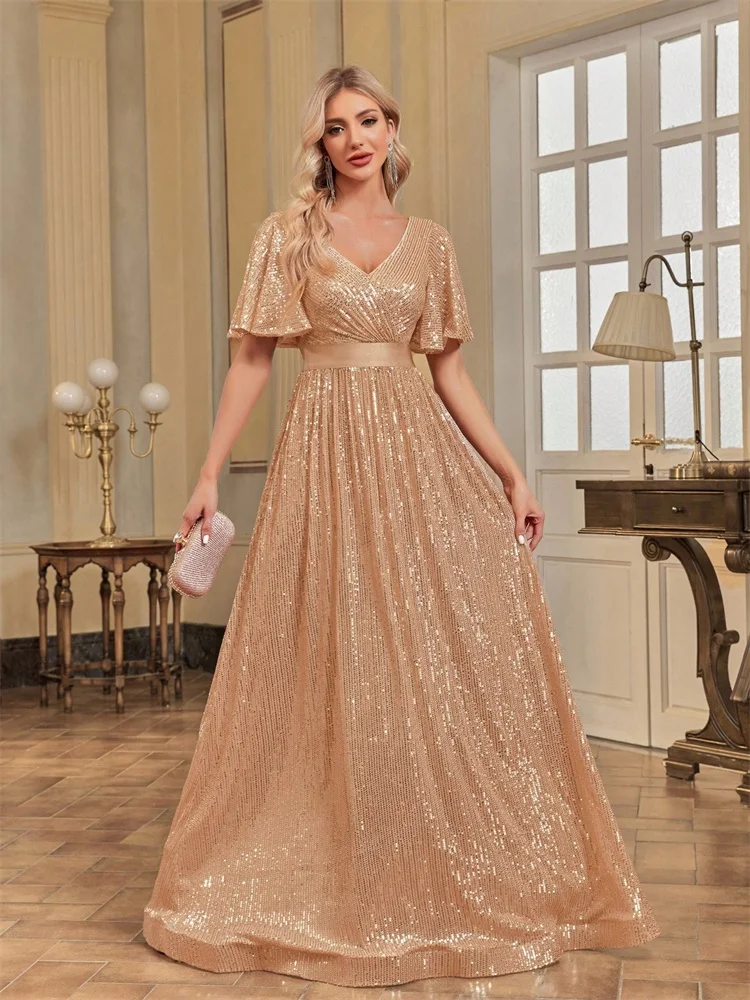 Luxury V Neck Short Sleeves Formal Evening Dress Women 2024 Sequins Wedding Party Prom Maxi Cocktail Dresses Graduation Gown