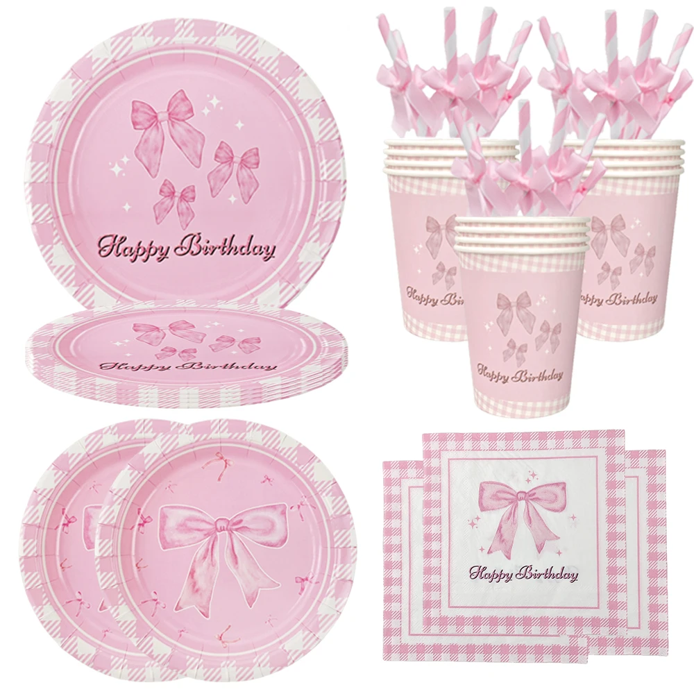 Dziewczyny sprzyjają różowej kokardce jednorazowa zastawa stołowa papierowe talerze kubki serwetki urodziny wesele Baby Shower Decor Supplies