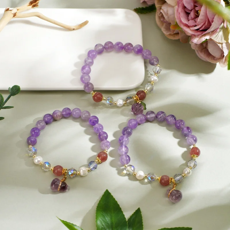 New Chinese Style Natural High Amethyst Pearl Lucky Bag Bracelet High Sense Niche Handmade Calabash Pendent Bracelet