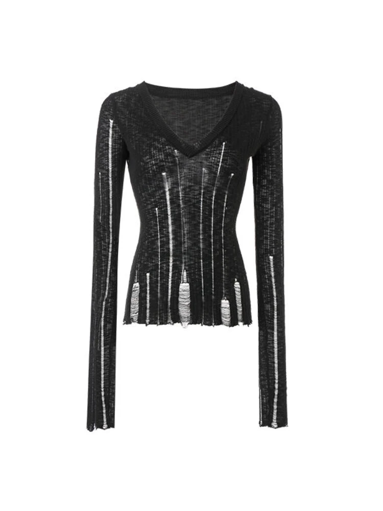 Deeptown Y2k Hollow Out Women Sweaters Harajuku Black See Through Sexy V-neck Gothic Knitted Cover Up Grunge Gyaru Streetwear