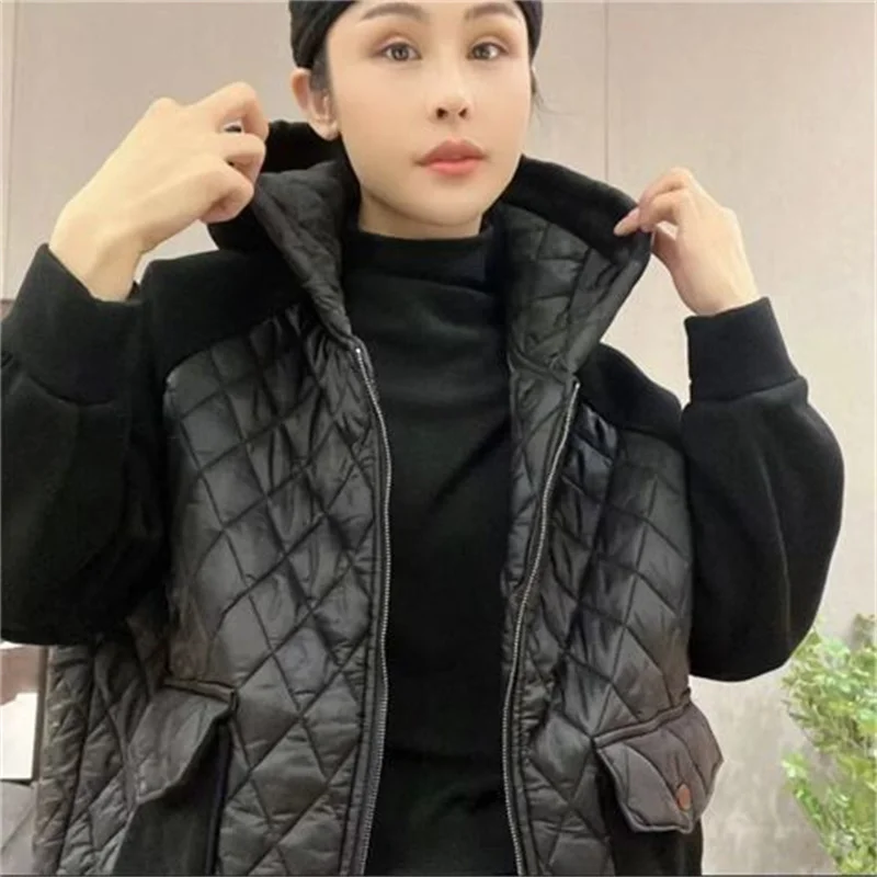 2023 Winter New European Station Loose Hooded Spliced Down Cotton Coat Thick Coat Women Casual Fashion Warm Cardigan Cotton Coat