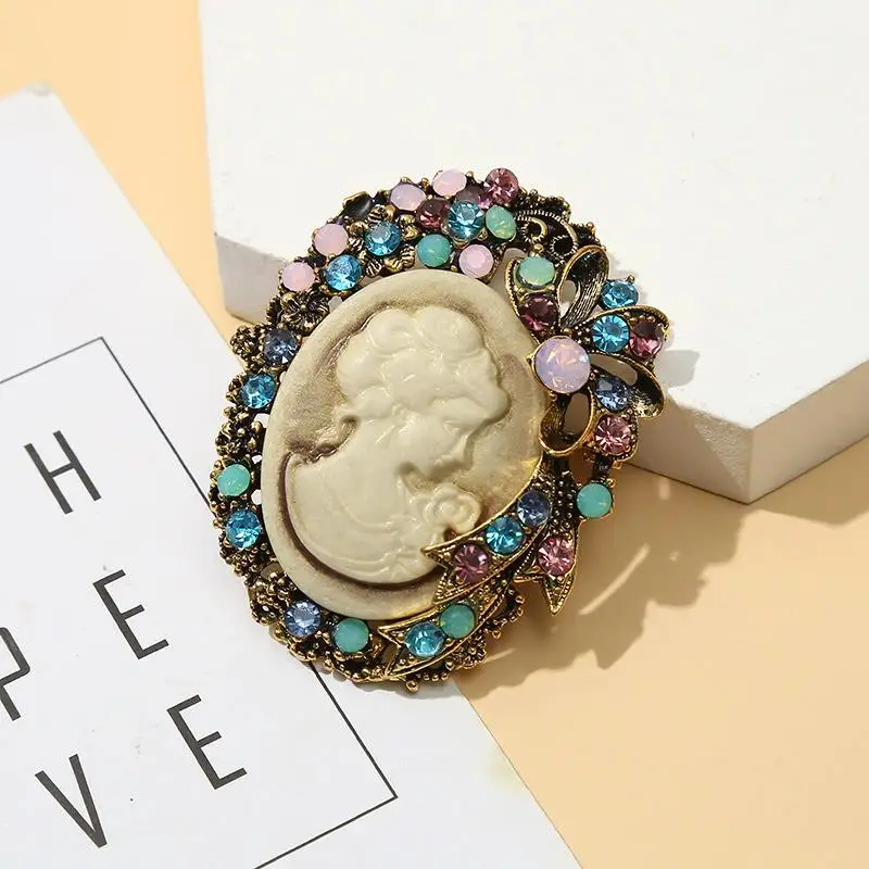 Sparking Lady Figure Brooches Pins For Women Vintage Multicolor Rhinestone Girl Round Badge Brooch Gifts