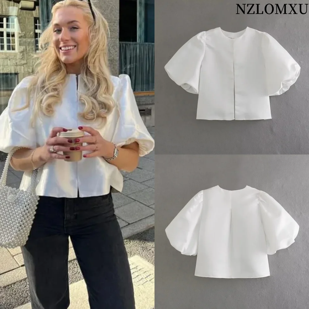 Satin Crop Top Women Puff Short Sleeve Female Shirts Summer Elegant Blouses Round Neck Loose Blouse Cut Out Cropped Blouses