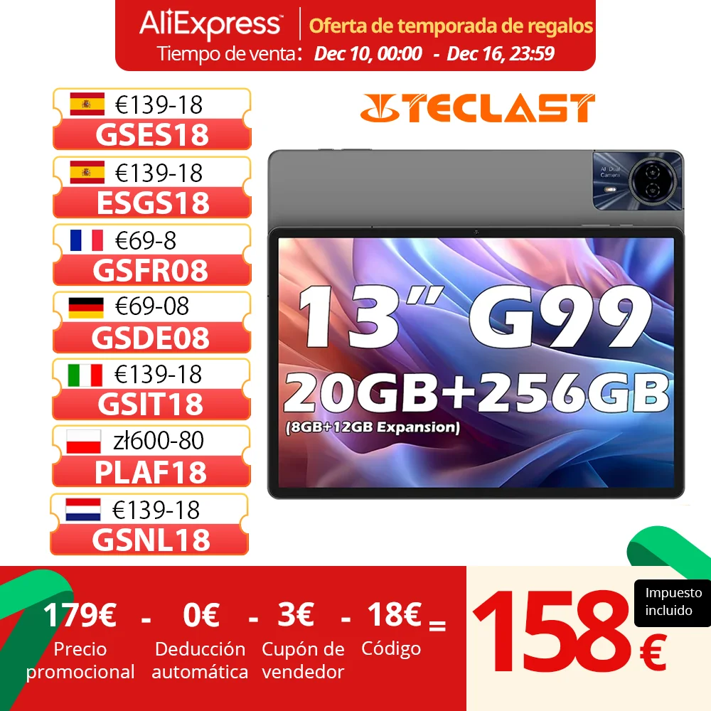 Teclast T65 Max 13 inch Android 14 Tablet 8 cores MediaTek Helio G99 (8GB + 12GB expansion) Max. 20GB RAM 256GB ROM 10000mAh battery dual SIM 4G LTE 1920x1200 GPS Widevine L1 for Netflix