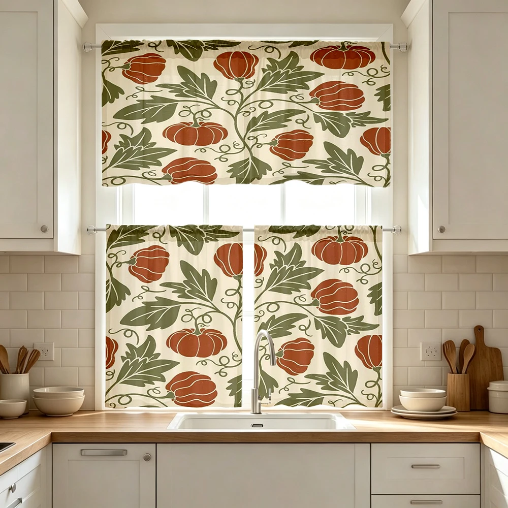 Thanksgiving Fall Kitchen Curtains, Red Pumpkin Green Vine, Digital Print, Kitchen Dining Room, Rod Pocket Polyester, Home Decor