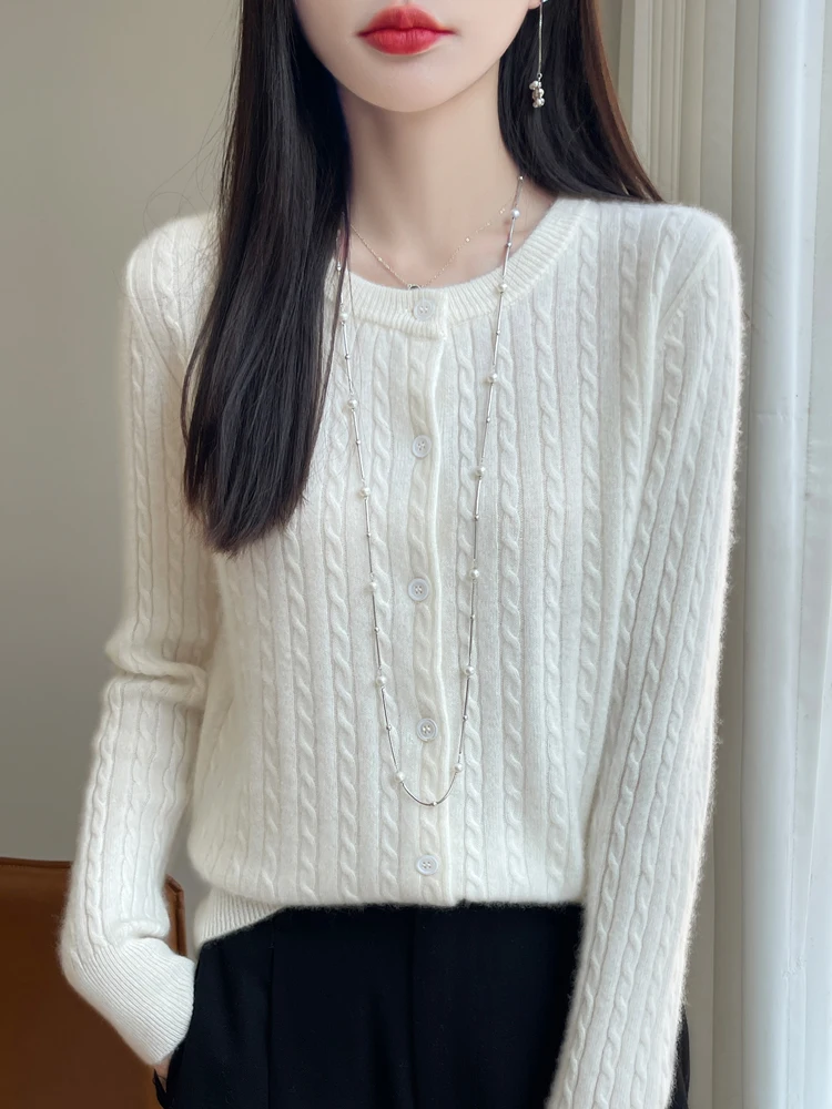 Autumn Winter New Twist Flower 100% Pure Wool Knit Cardigan Sweater Women's O-neck Loose Basic Long Sleeve Simple Versatile Coat