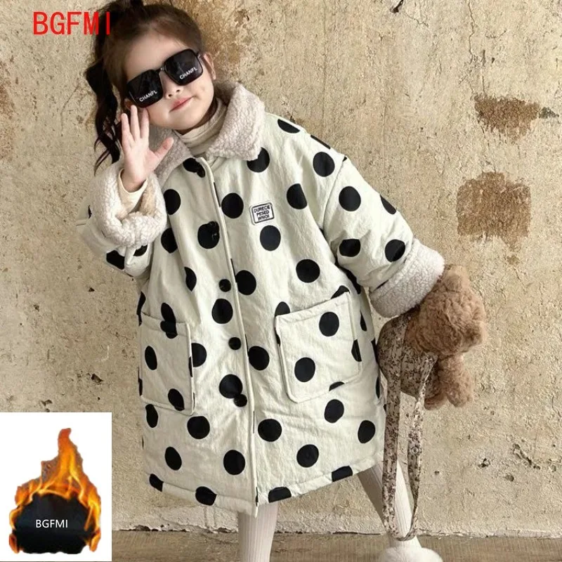 Girls Beige Polka Dot Velvet Inner Jacket 2026 New Autumn Winter Long Overcoat Clothing for Girls Thick Fleece Winter Clothes