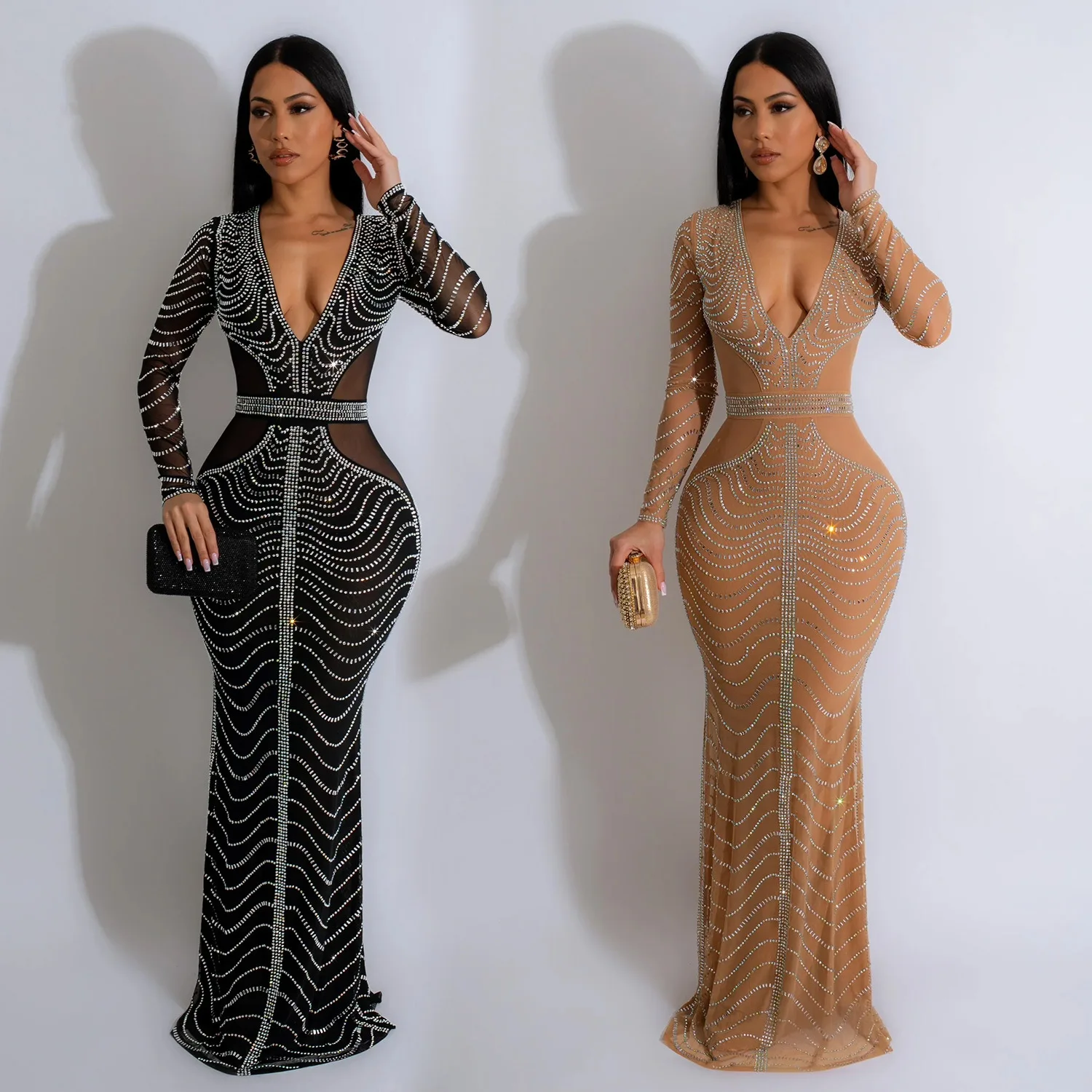 

Rhinestone Maxi Dress Lady Sexy Party Bodycon Evening Mesh Black Dresses Women Winter Elegant Luxury Birthday Prom Dresses