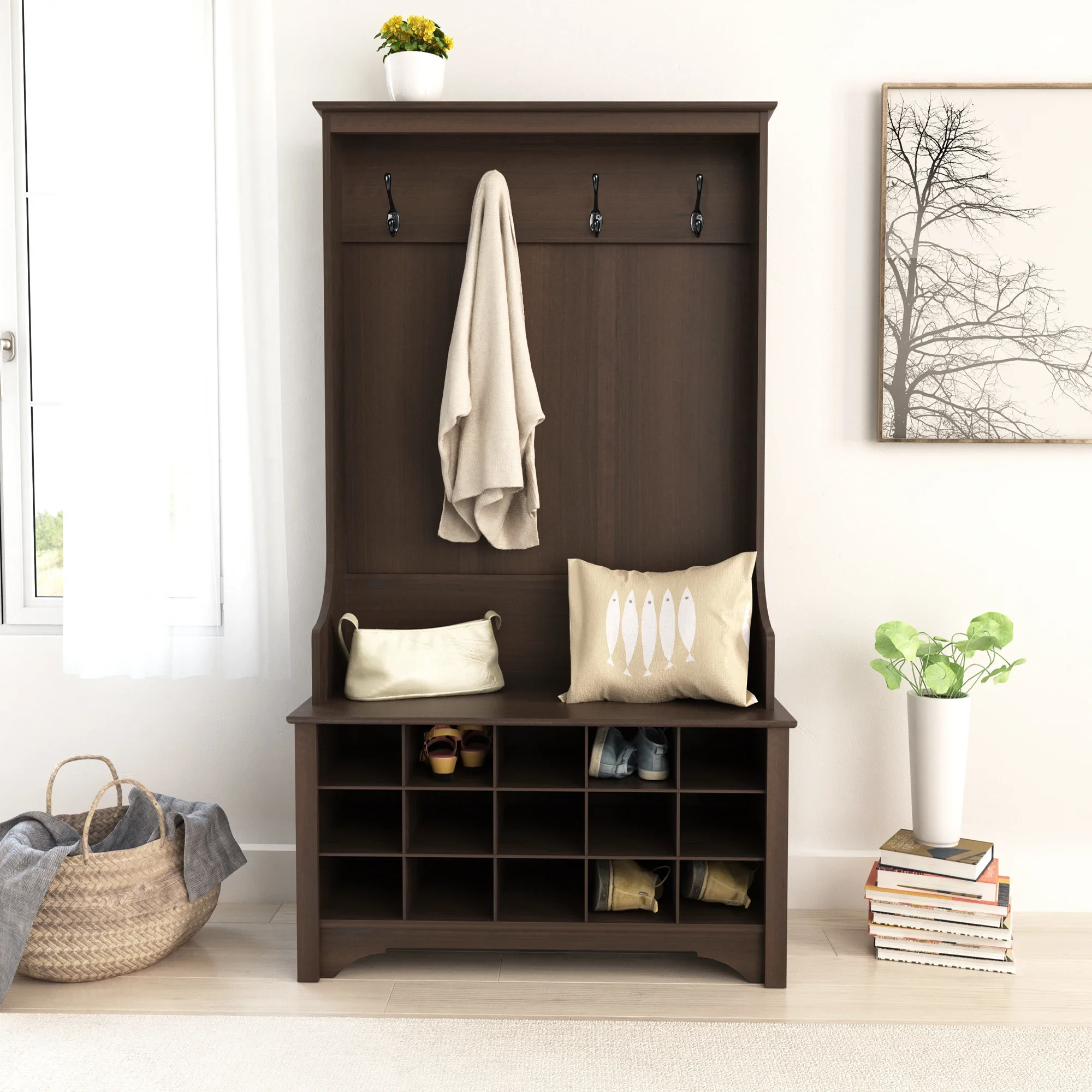 panic buying 3-in-1 Hall Tree with Bench and Shoe Storage Coat Rack Entryway Wood Furniture