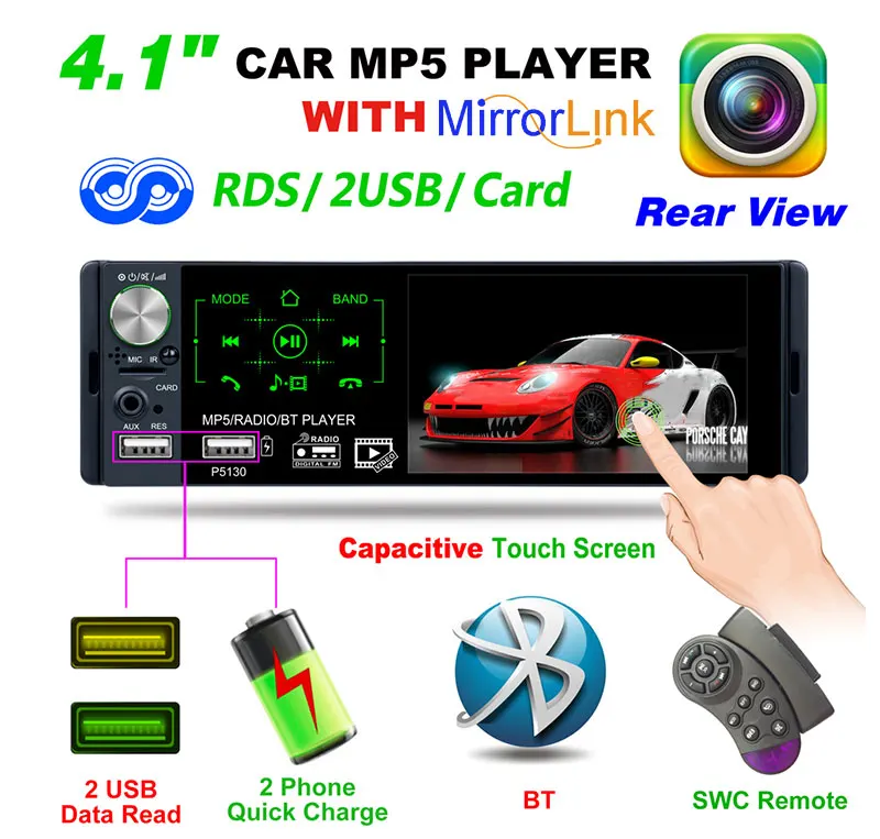 

1 din support Micophone Car Receiver 4.1"Touch screen Bluetooth RMVB/MP5/Radio/BT Player AM FM Radio RDS