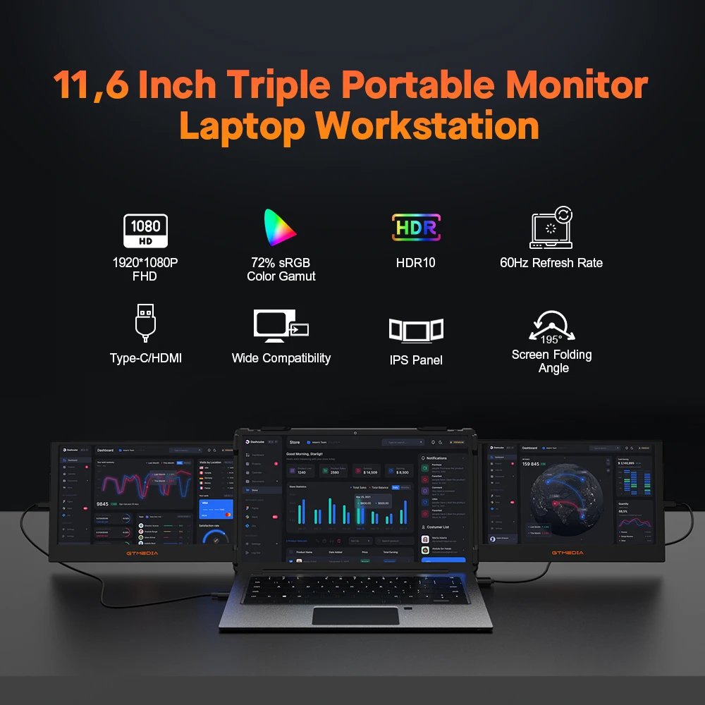GTMEDIA MATE X 11.6 Inch Portable Monitor 1920*1080 IPS HD Triple Dual Extender Screen Full View Fold For 13.0-17.3 Inch Laptops