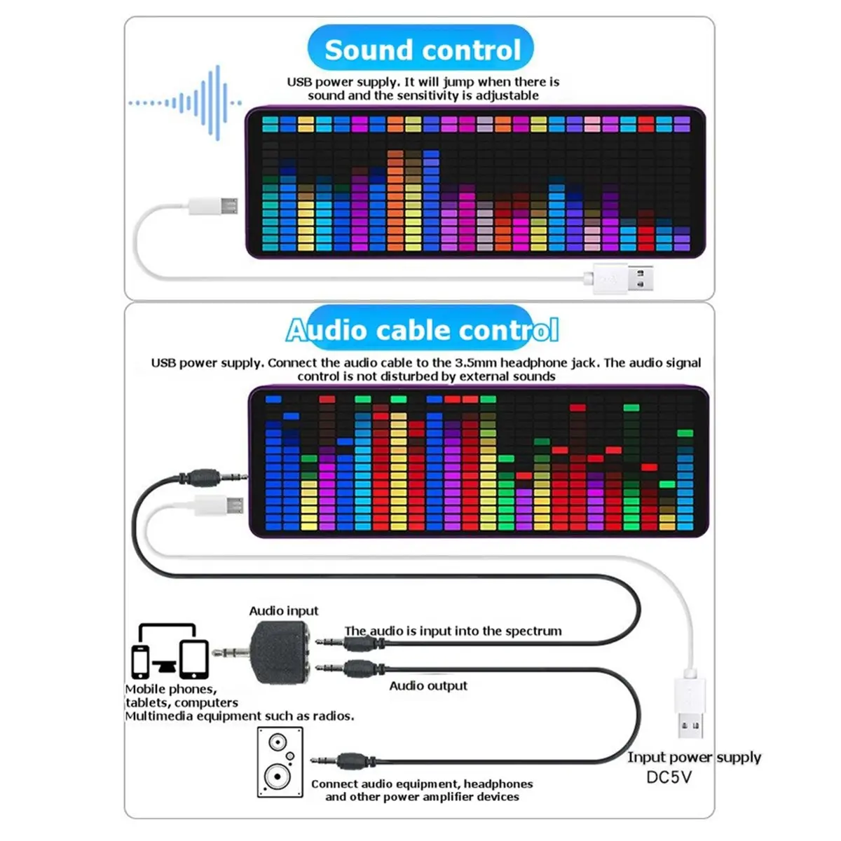 (DT37) Dazzle Color RGB Music Spectrum Display LED Pickup Ambient Light Electronic Clock Sound Control Spectrum Indicator A