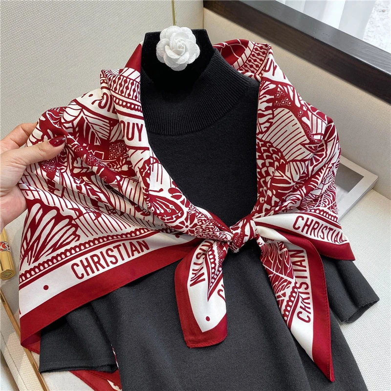 Luxury Brand Square Silk Scarf Women Satin Print Hijab Scarves Muslim Pareo Bandana Female Shawl Wrap Headband Foulard 90*90cm