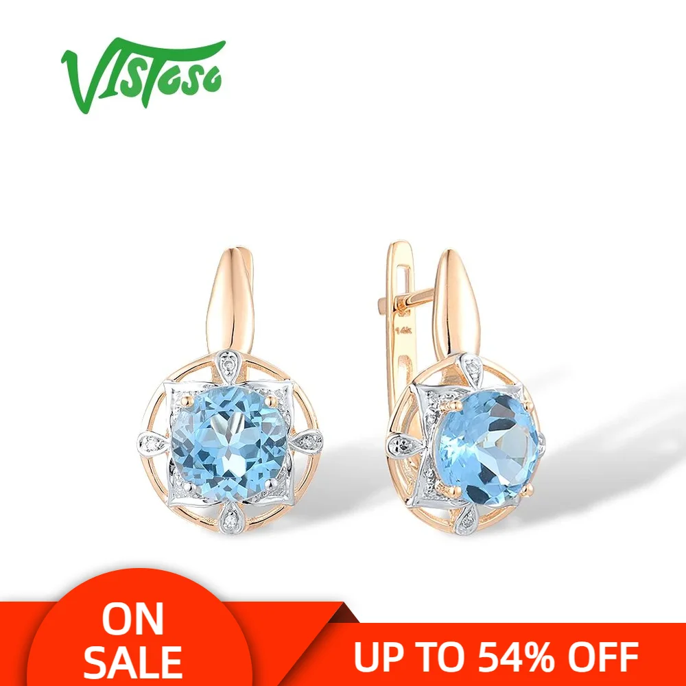 

VISTOSO Genuine 14K 585 Rose Gold Earrings For Women Sparkling Blue Topaz Diamond Classic Earrings Engagement Gift Fine Jewelry