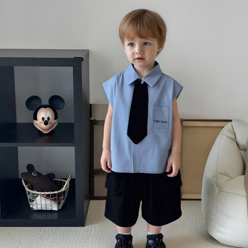 

2025 New Summer Solid Color Children's Tie Shirt Vest and Shorts Two-piece Set