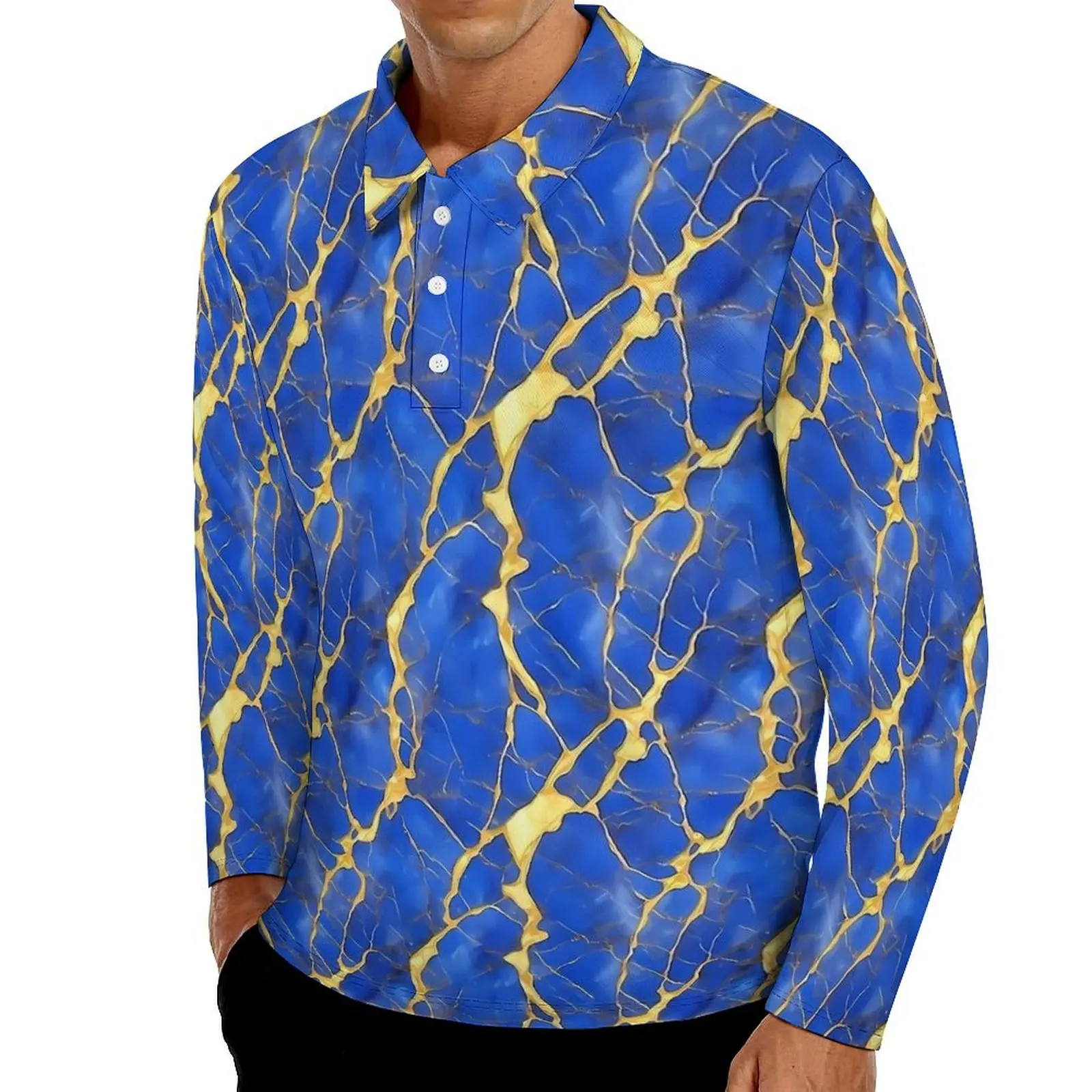 

Blue And Gold Marble Casual T-Shirts Men Long Sleeve Polo Shirts Turn-Down Collar Y2K Autumn Custom Shirt Plus Size