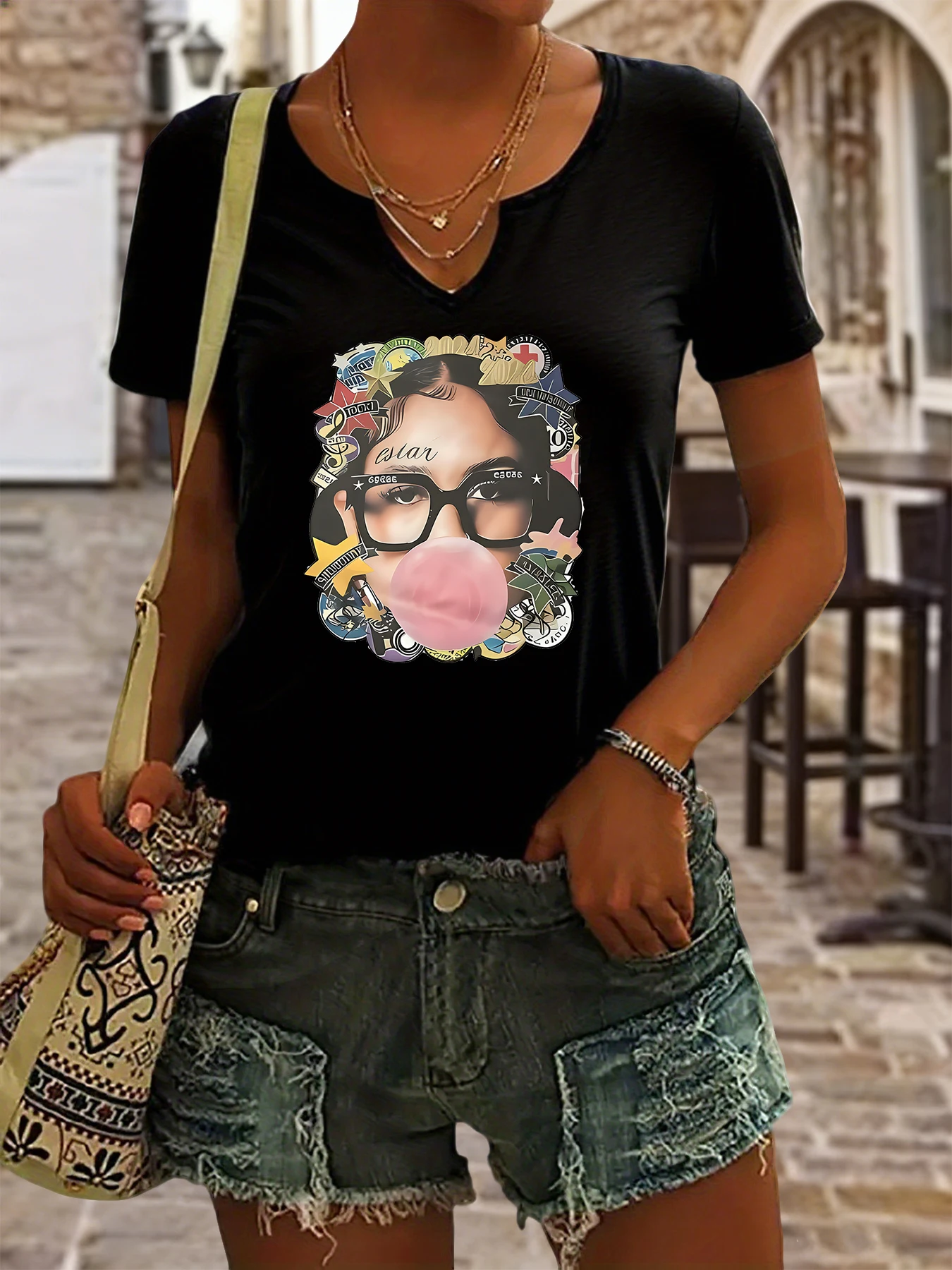 Women's Summer V-Neck Short Sleeve T-Shirt, Retro Bubble Gum Girl Print, Y2K Streetwear Casual Fashion Top