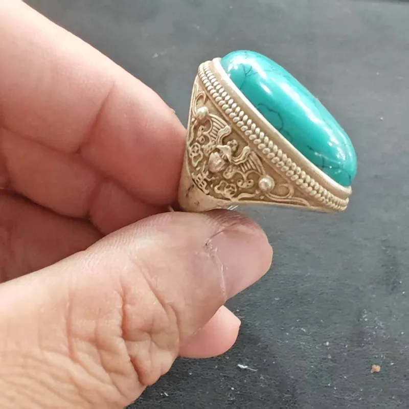 Vintage Tribal Rope Edge Ring Unisex Large Oval Imitation Turquoise Inlaid Adjustable Finger Ring Retro Ethnic Party Jewelry
