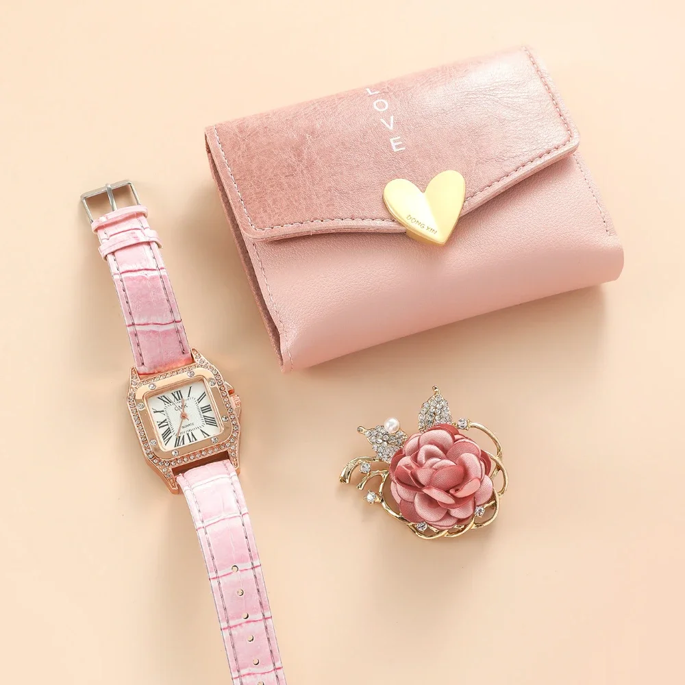 3Pcs Luxury Womens Watches Gift Set with Box Pink Brooch Wallet Watch for Women Girl Wife Daughter Mothers Day Christmas Gift