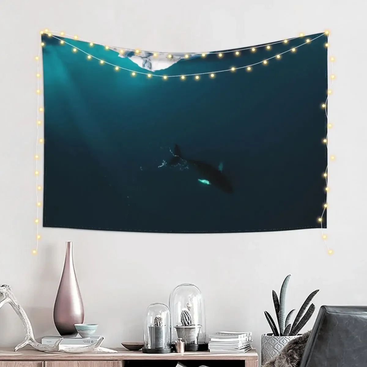 Aerial of a lone Humpback whale in front of an iceberg in Greenland Tapestry Outdoor Decor Wall Decor Tapestry