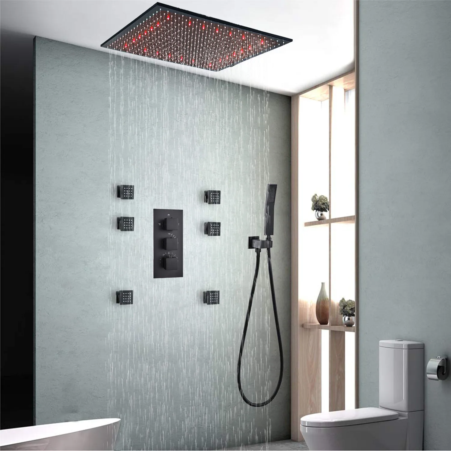 

16 "X 32" смеситель для душа, массажная струя для ванной комнаты, светодиодный дождевой черный термостатический