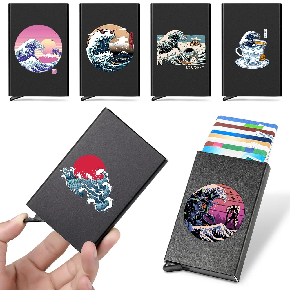 Portable Rfid Credit Card Holder Men Thin Slim Mini Minimalist Wallets Luxury Metal Bank ID Cardholer Case Wallet Wave Print