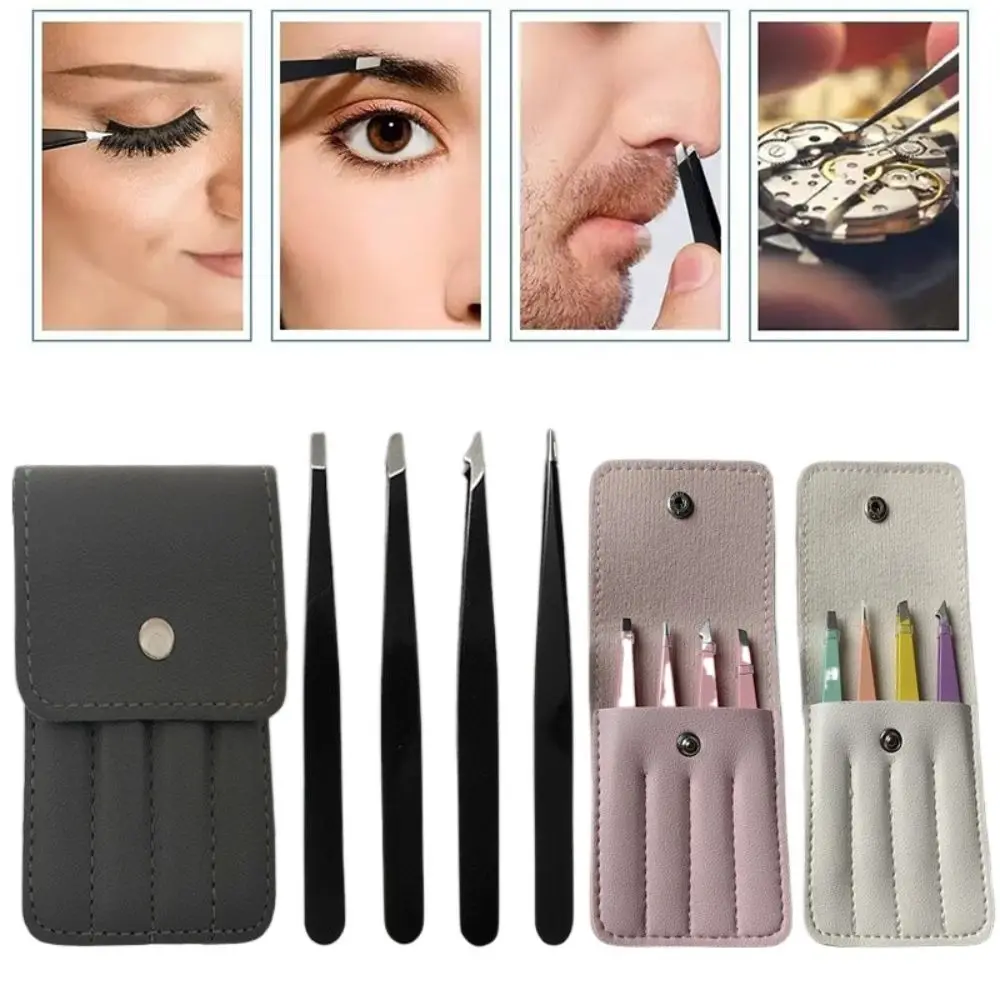 4PCS/Set Stainless Steel Slanted Tweezers Set With Storage Bag Portable Beard Tweezers Pointed Tip Eyelash Tweezers