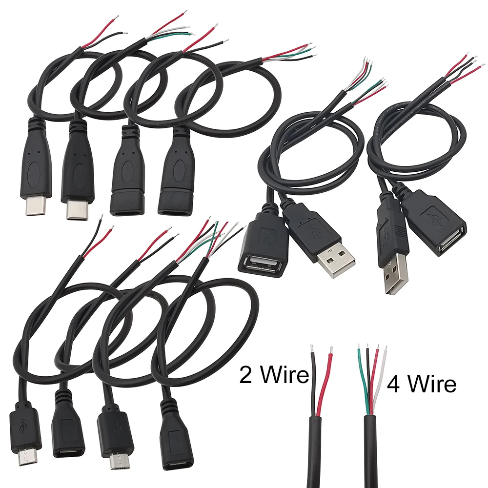 1szt 2Pin 4Pin Micro USB / Type C Ładowarka Złącze USB 2.0 Typ A Męski Żeński Przedłużacz Zasilacza Przewód DIY Linia Danych