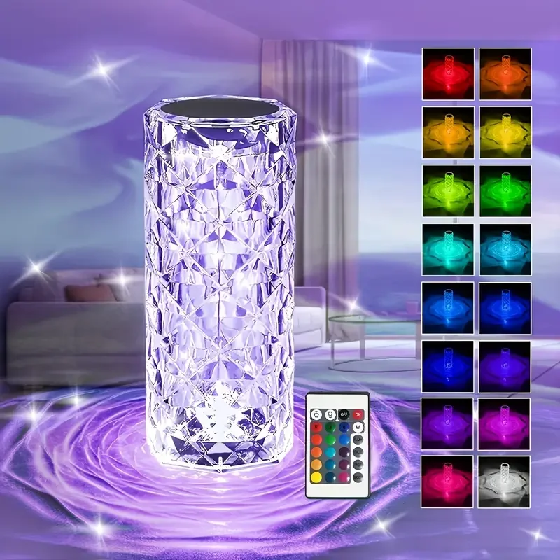 1PC Crystal Rose Table Lamp, Remote Control & Touch Bedside Lamp, LED Night Light, Dimmable Bedside Lamp, USB Rechargeable, for