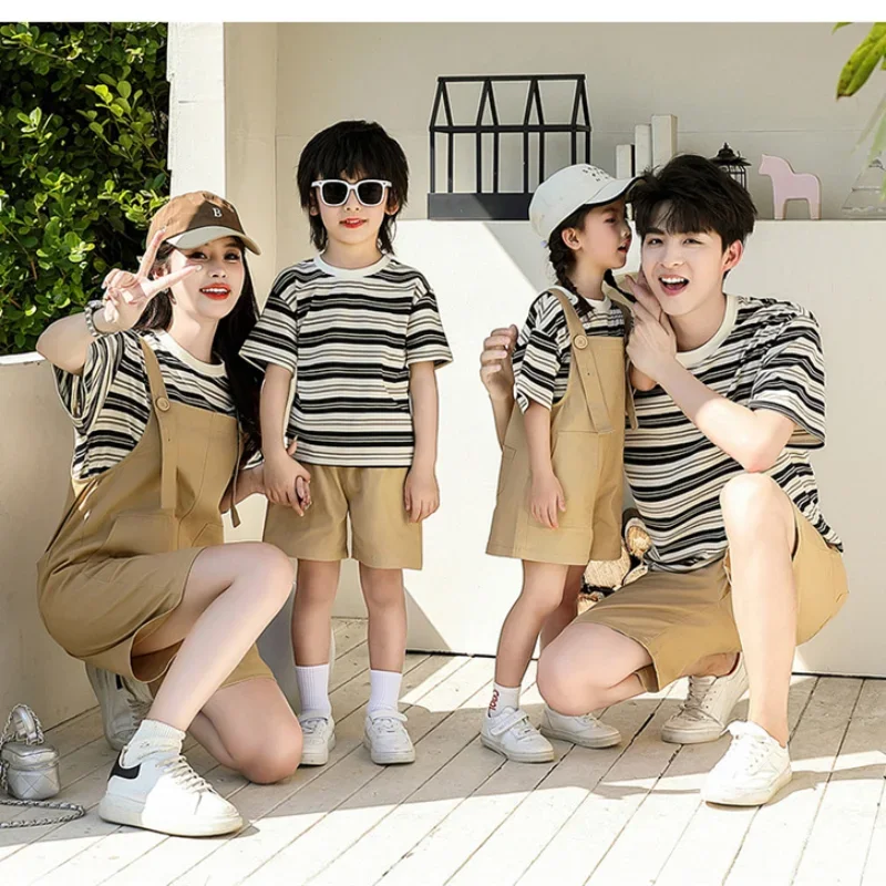 

2025 Summer Family Matching Clothes Mom and Daughter T Shirts + Jumpsuit 2 Piece Outfits Dad and Son Tops + Shorts Two Piece Set