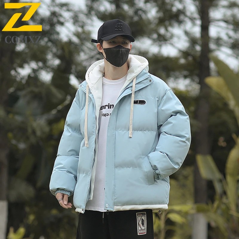 2025 New Winter Parka Men's Teen Leisure Thickened Fake 2 Pct Hooded Cotton Padded Jacket Men Fashion Fluffy Warm Padding Coat