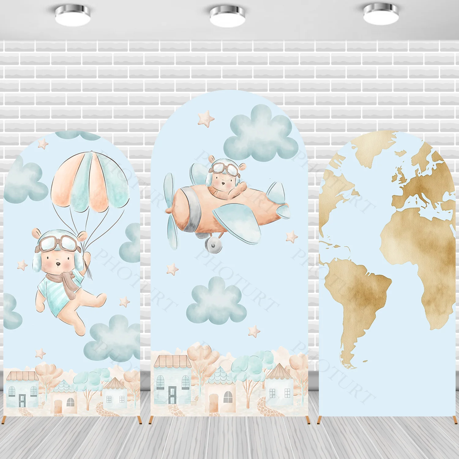 Arch Kids Pilot Bear World Map Theme Background Boy Birthday Party Backdrop Polyester Arch Banner Photography Studio Props