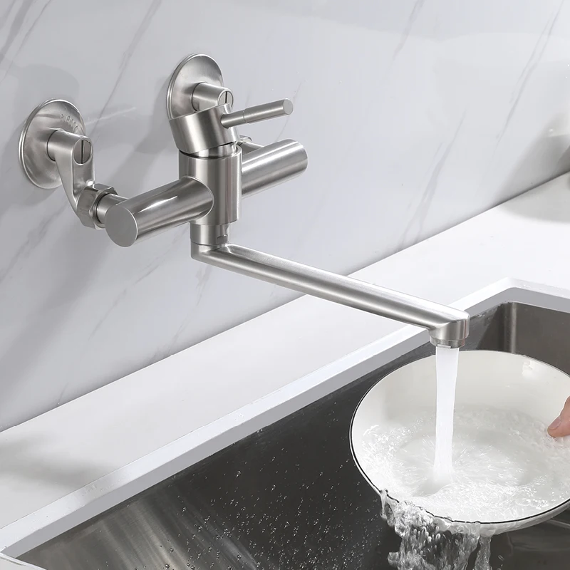 Modern One Handle Kitchen Sink Faucet Wall Mounted Rotatable 360° Vessel Sink Faucet Two Hole Hot and Cold Mixer Tap Brushed
