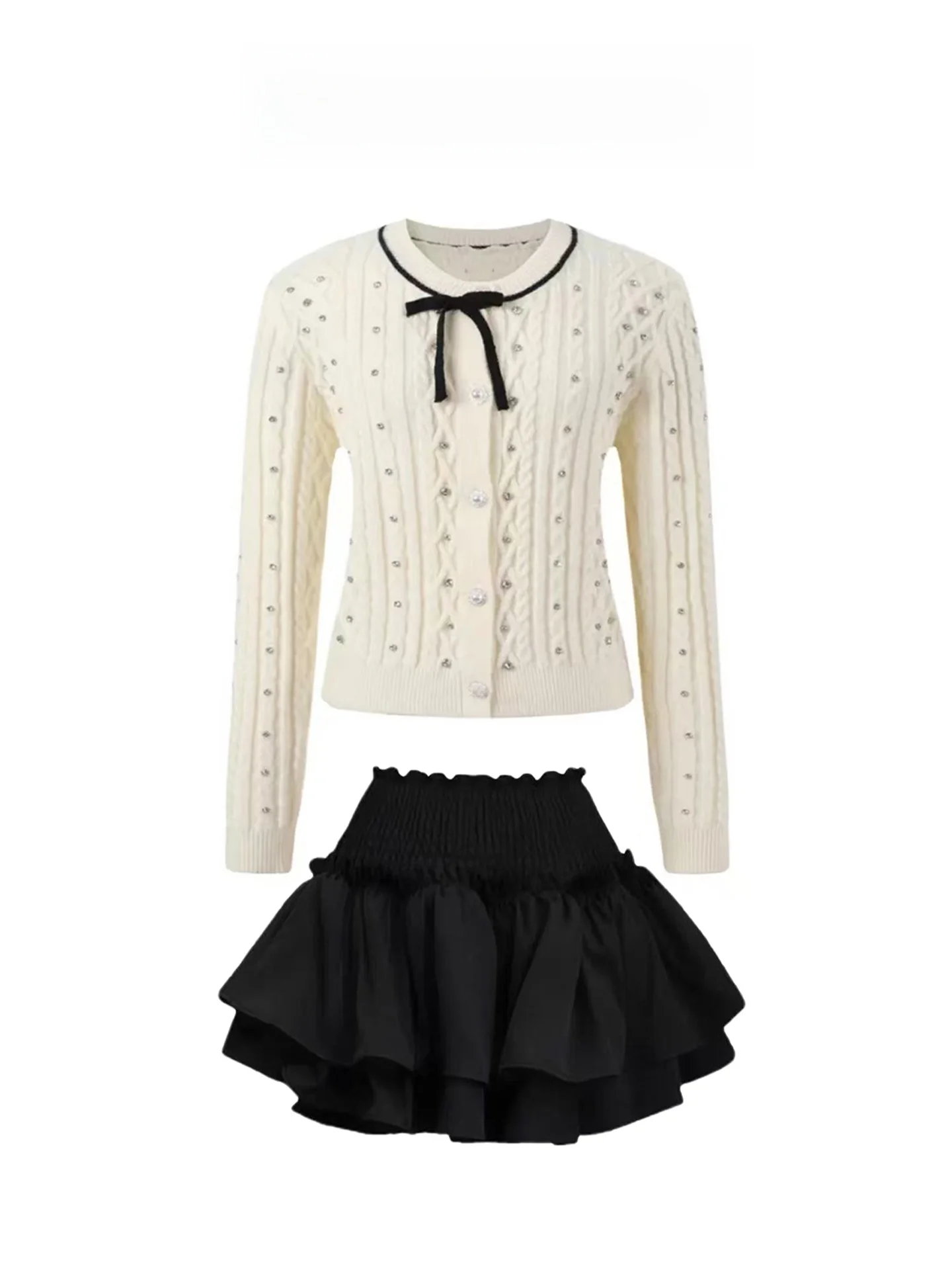 

Корейский стиль: Вязаный кардиган с блестящими стразами и пышная короткая юбка — комплект из двух предметов для женщин, весна-осень, облегающий крой