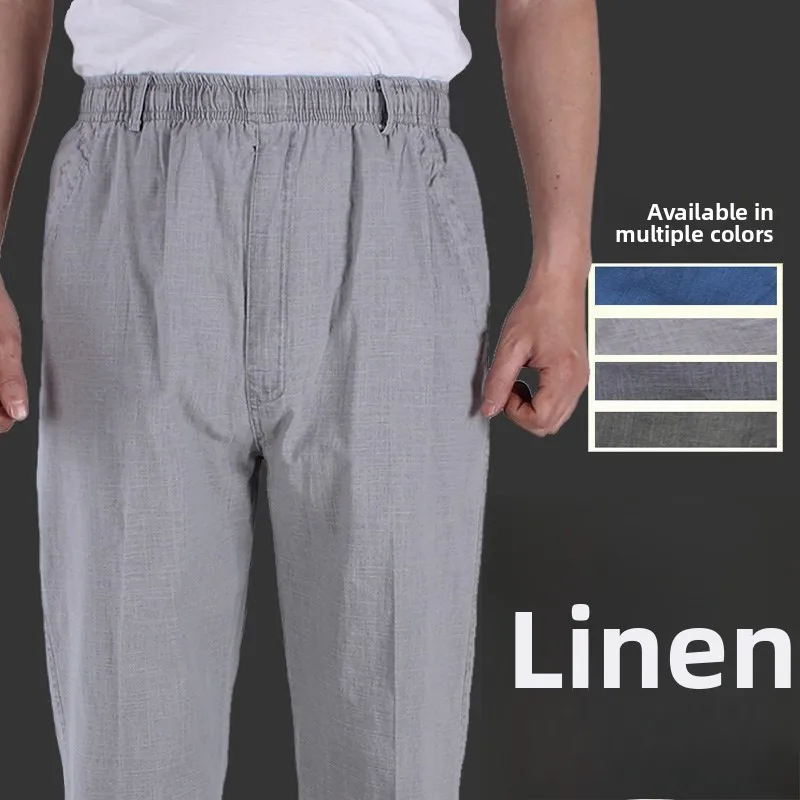 

Loose plus Size Men's Casual Pants High Waist Linen Trousers Elastic Waist Summer Faion for Middle-Aged And ly