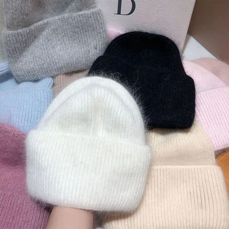 Fashion Warm  Skullies Angola Rabbit Fur Winter Knitted Beanies Women Cap Female  Ski Outdoor Warm Cashmere Wool Hats wholesale