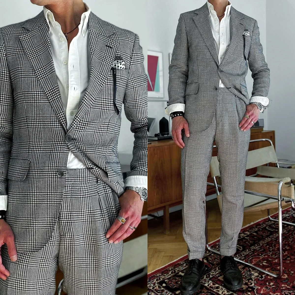 Classic Plaid Men's Suits 2 Pieces Houndstooth Single Breasted Notched Lapel Customized Formal Party Customized Jacket