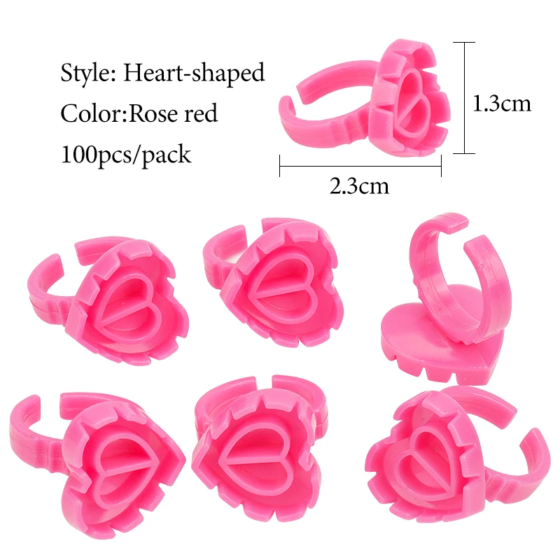 100 Peças de Anéis Descartáveis para Cola de Cílios, Suporte em Formato de Coração, Copo de Plástico para Pigmento de Tatuagem, Palete para Extensão de Cílios, Ferramenta de Maquiagem
