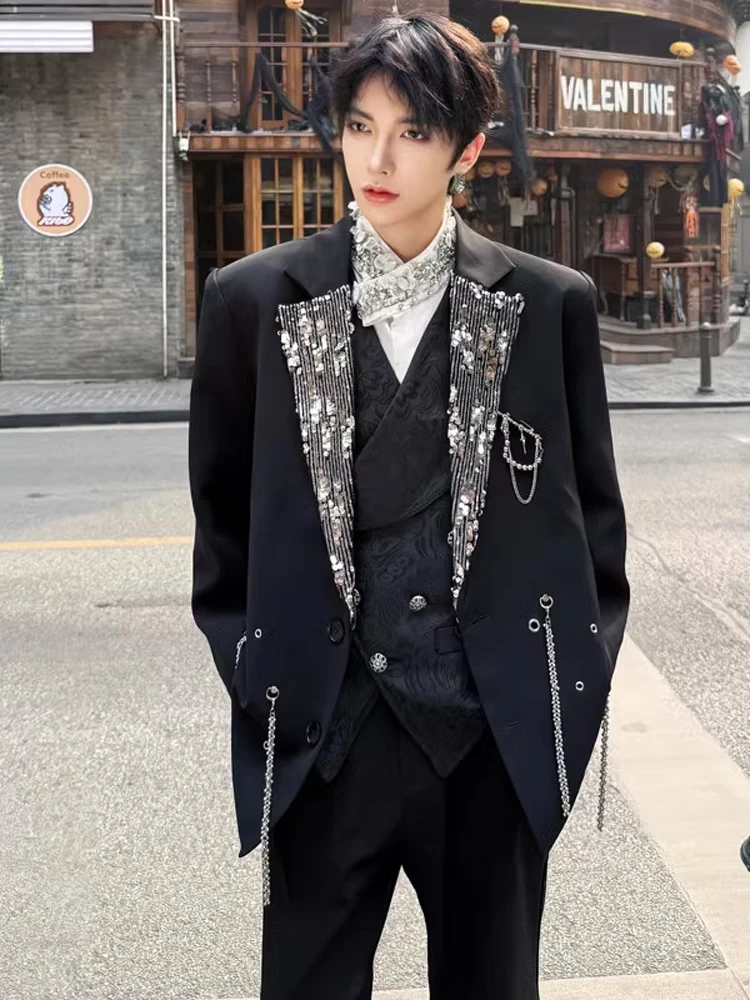 2025 Spring and Autumn New Men's Black Sequin Patchwork Design High-end Metal Multi-chain Shoulder Pad Suit Jacket