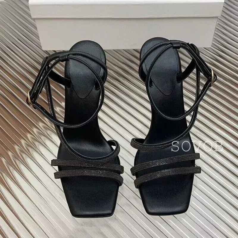 Summer Open Toe Metal Bead Narrow Band Sandals 2024 Women's Hollow Out Ankle Strap High Heels Female Party Banquet Dress Shoes