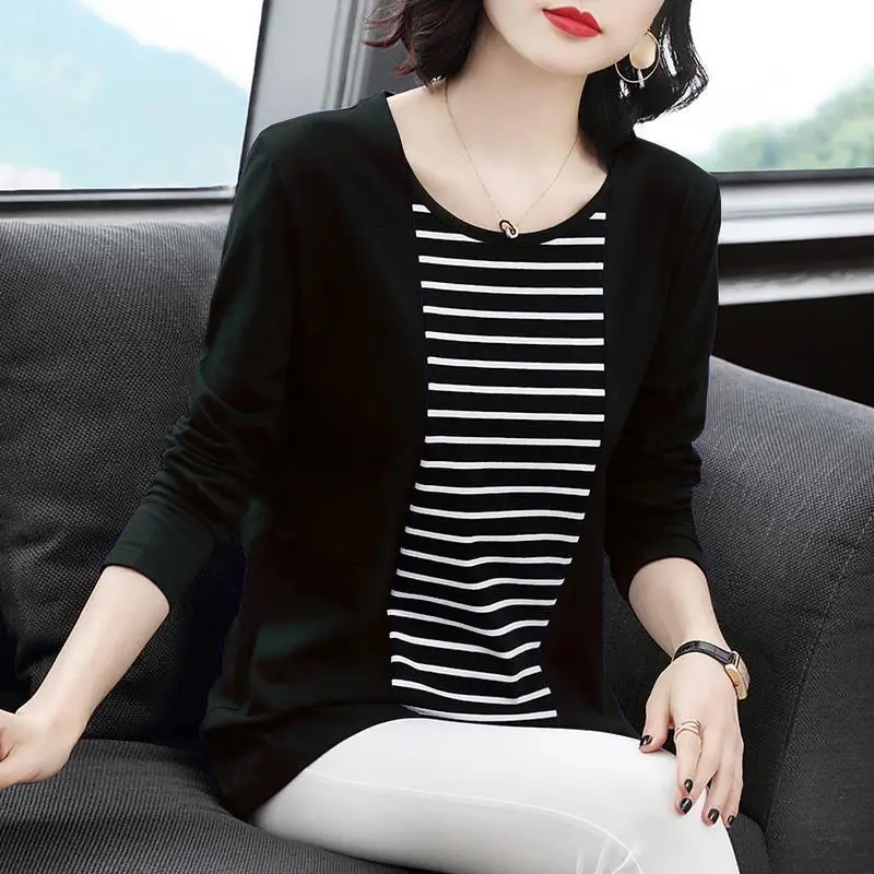 Koreon Vintage Women Big Size Midi Striped T-shirt Spring Autumn Long Sleeves Basic Tees Versatile Loose Casual Bottoming Tops