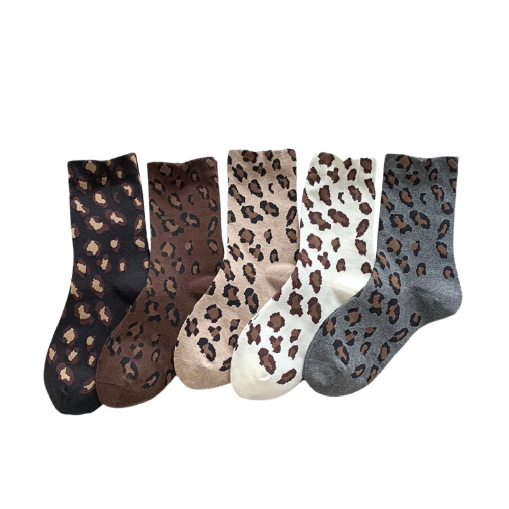 

5 Pairs Korean Style Leopard Print Socks Breathable Soft Famale Tube Socks Polyester-cotton Sweat-Absorbing Mid-Calf Socks
